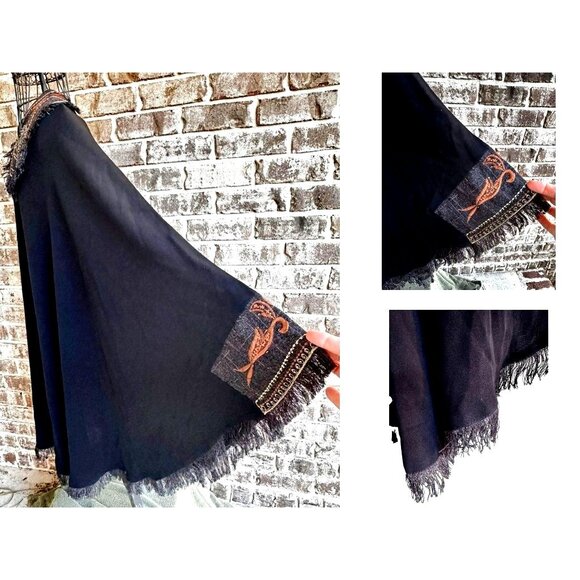 Royal Class Poncho Shawl Cape One Size Black Embellished Fringe Festive NWOT - Picture 3 of 12
